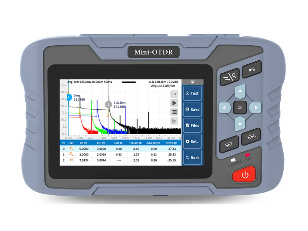 NK4350 mini OTDR trace screen and optical link results
