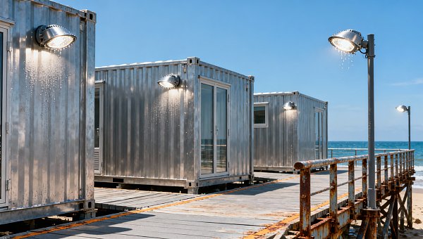 What IP rating do commercial outdoor lighting fixtures really need for coastal installations?