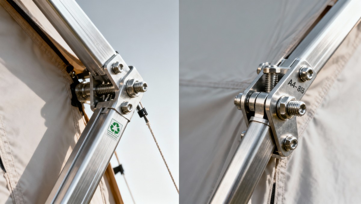 Glamping tents with ‘eco-certified’ frames—yet assembled using non-recyclable fasteners