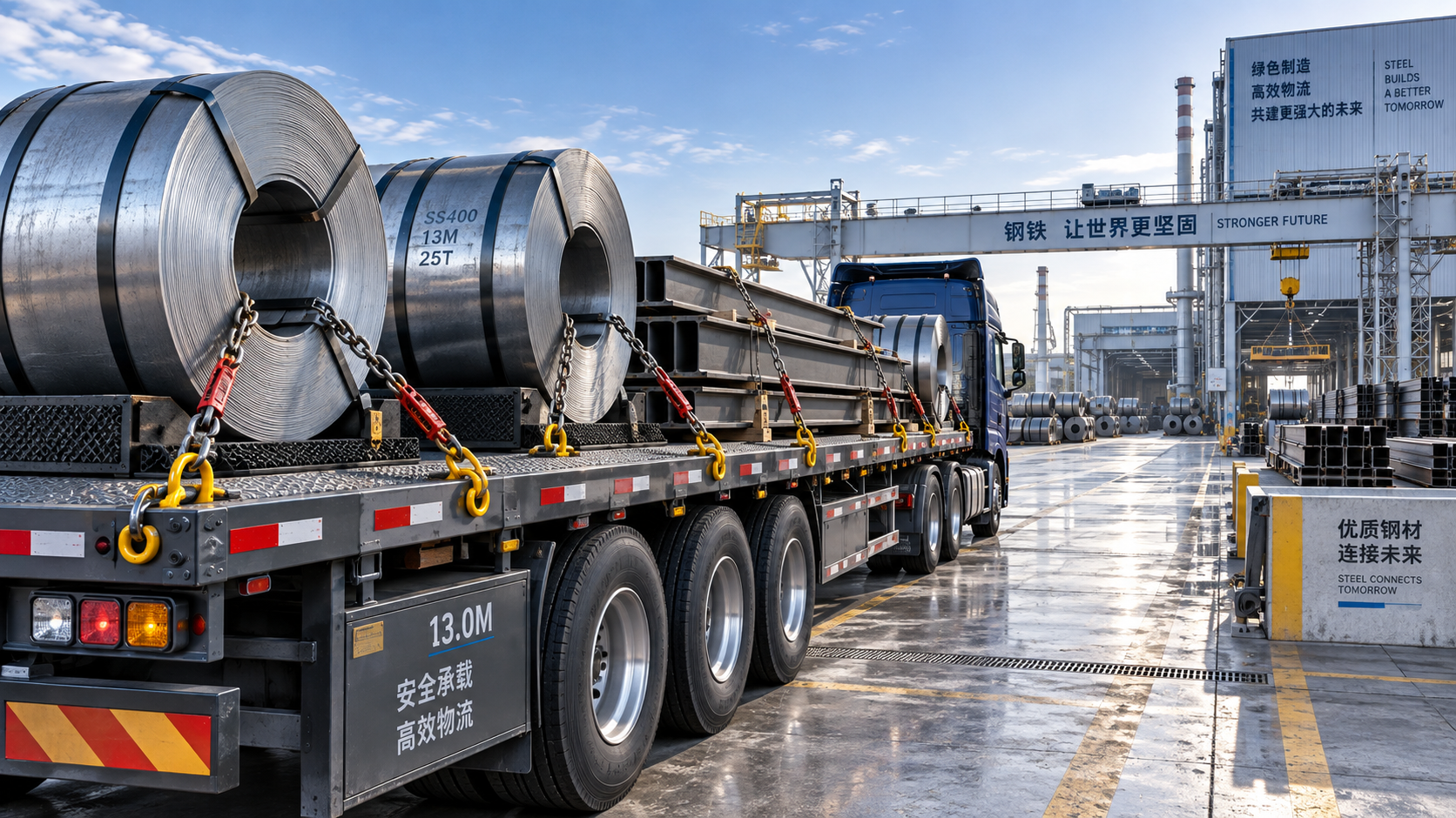 Flatbed semi-trailer deck length and load limits for steel transport Flatbed semi-trailer deck length and load limits for steel transport