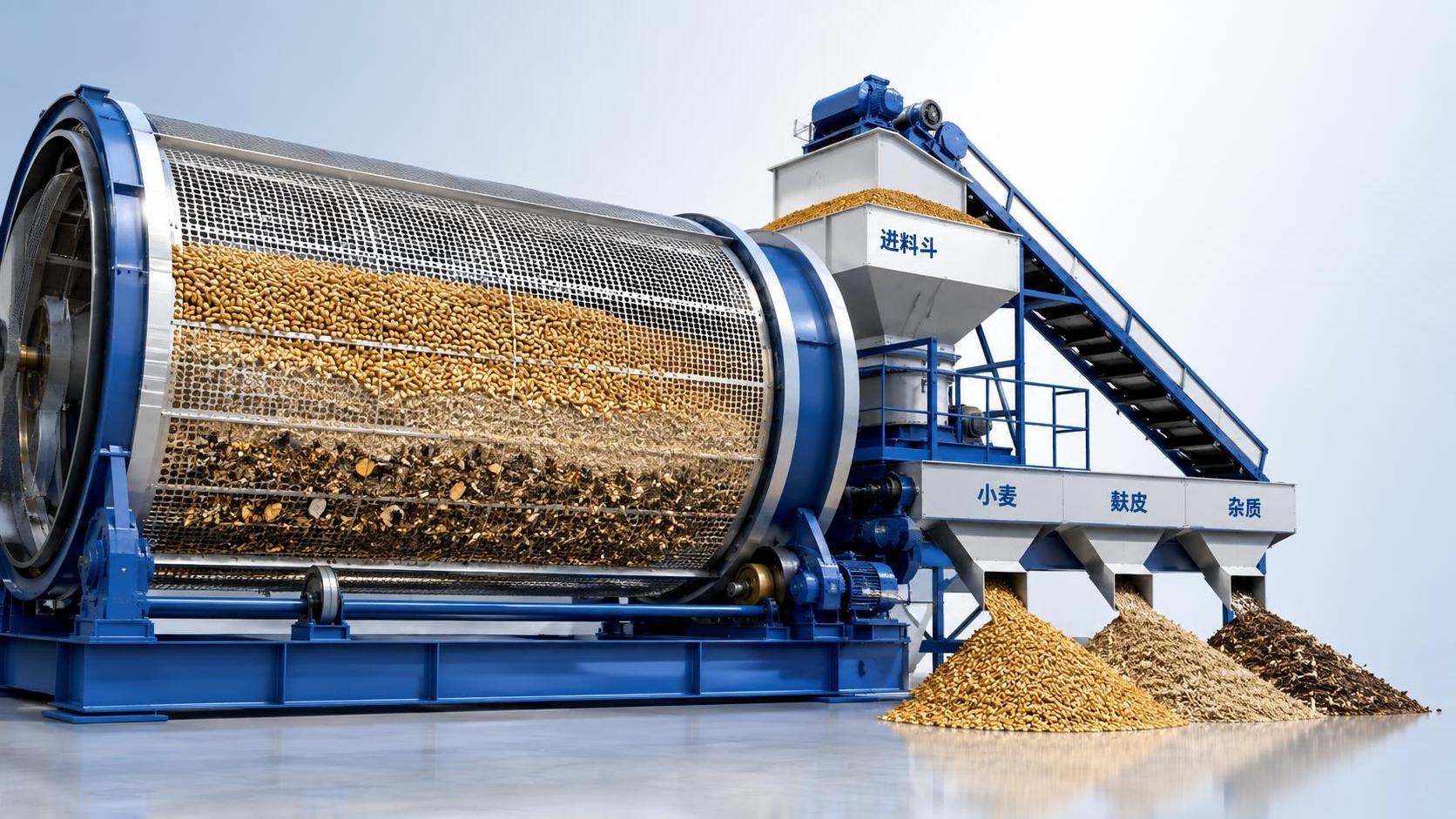 What screen capacity should a rotary drum sieve have for grain cleaning?
