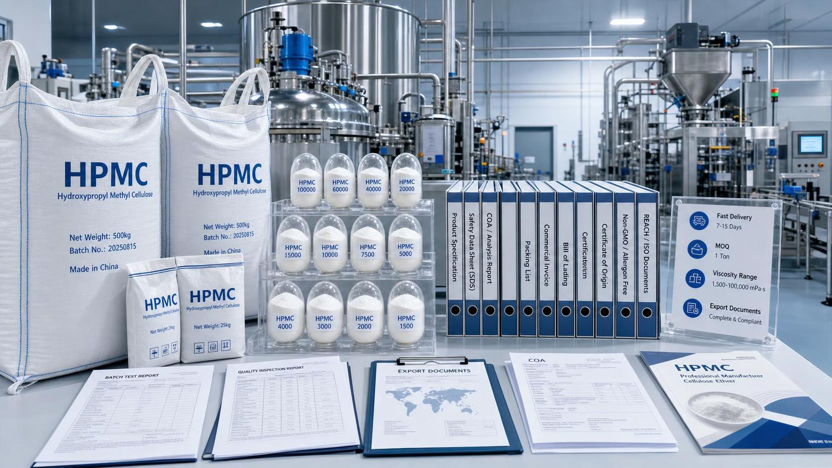 مقارنة مورّدي HPMC في الصين: مدة التوريد، والحد الأدنى لكمية الطلب، والدرجات، والوثائق