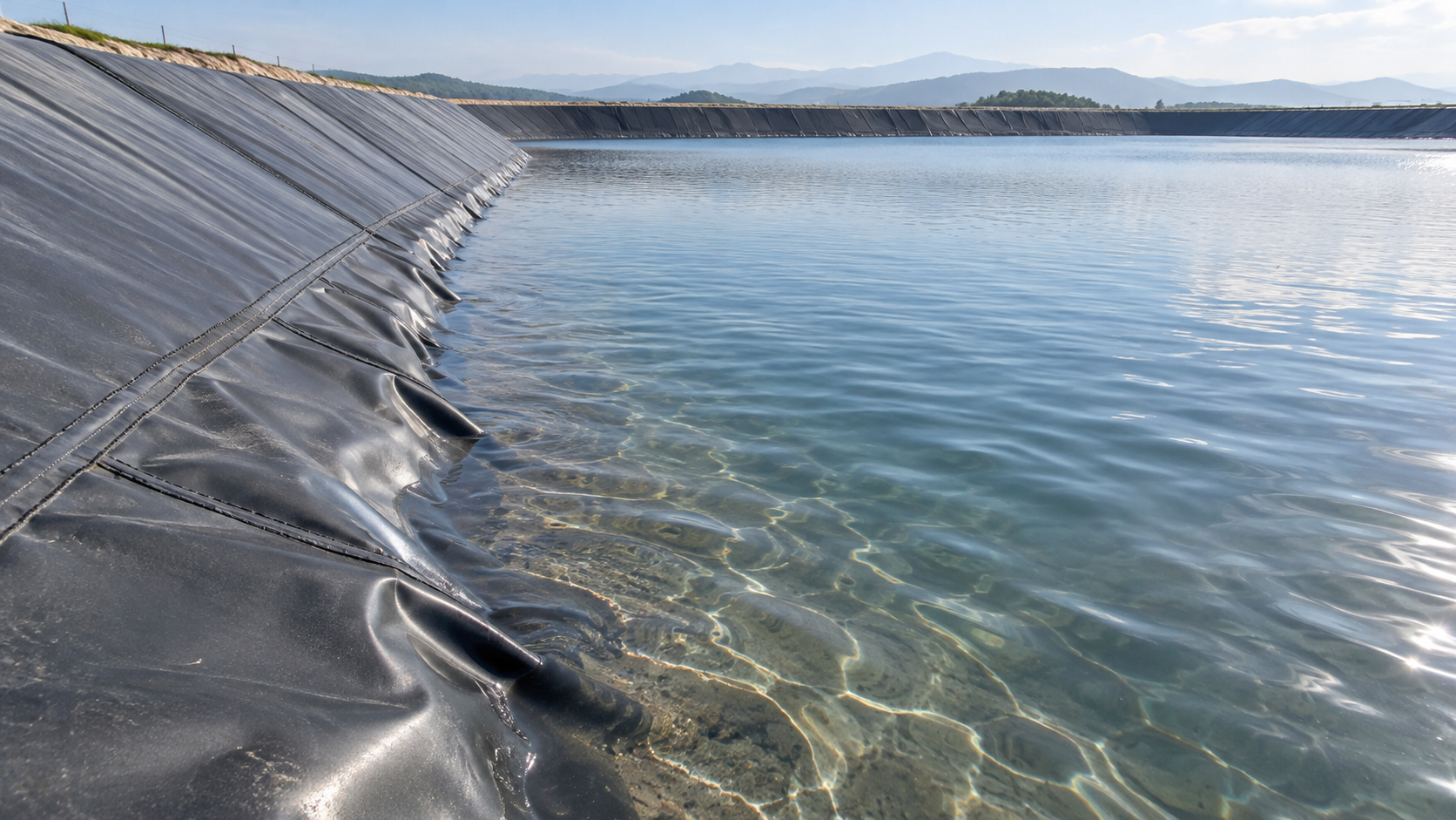 What causes liner wrinkles in geomembrane ponds after filling?