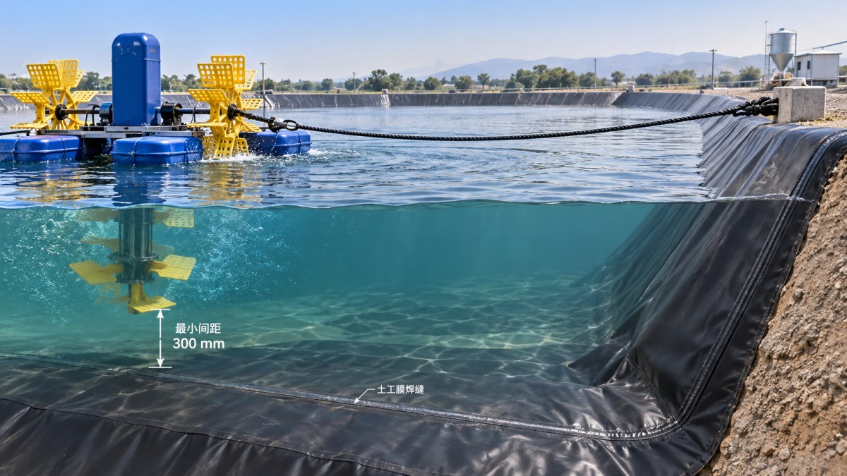 Setting impeller aerator clearance above a geomembrane liner Setting impeller aerator clearance above a geomembrane liner