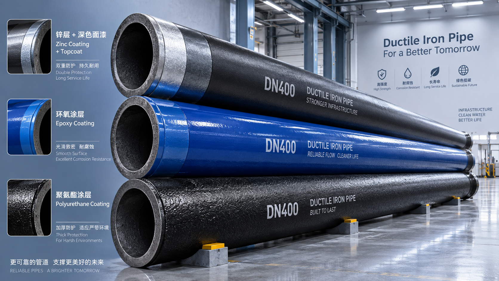 Soorten coatings voor nodulair gietijzeren buizen uitgelegd: zink, epoxy en polyurethaan