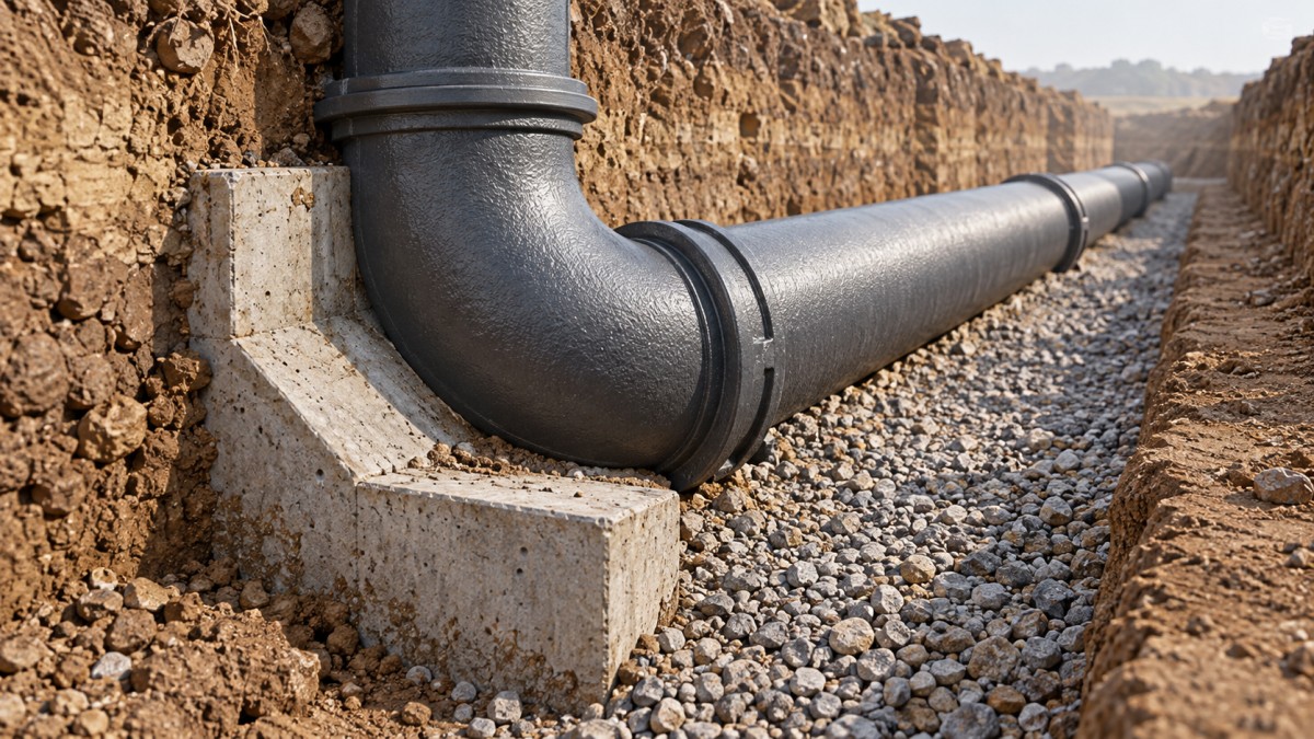 Socket Elbow Installation: When Are Thrust Blocks or Restraints Needed? Montage von Muffenbögen: Wann sind Widerlager oder zugfeste Verbindungen erforderlich?