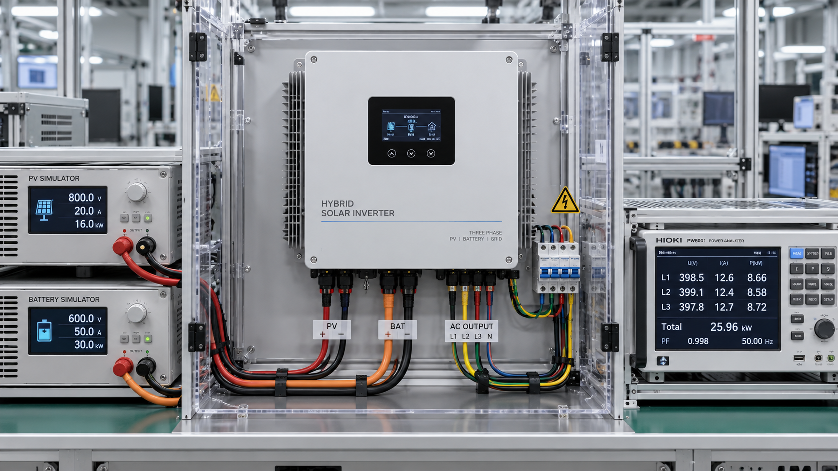 What tests should a three-phase hybrid solar inverter factory run?