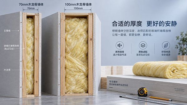 How thick should fiberglass acoustic insulation be for wall cavities?