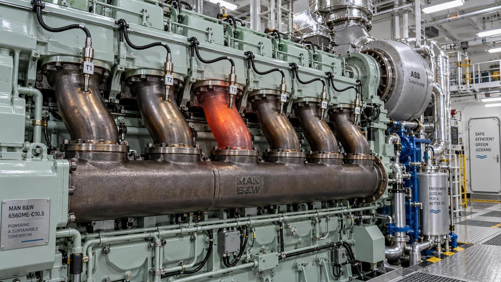 What exhaust gas temperature range signals a marine diesel fault?