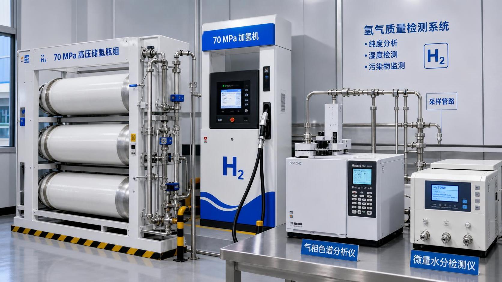 What does hydrogen quality control need to detect at a fueling station?