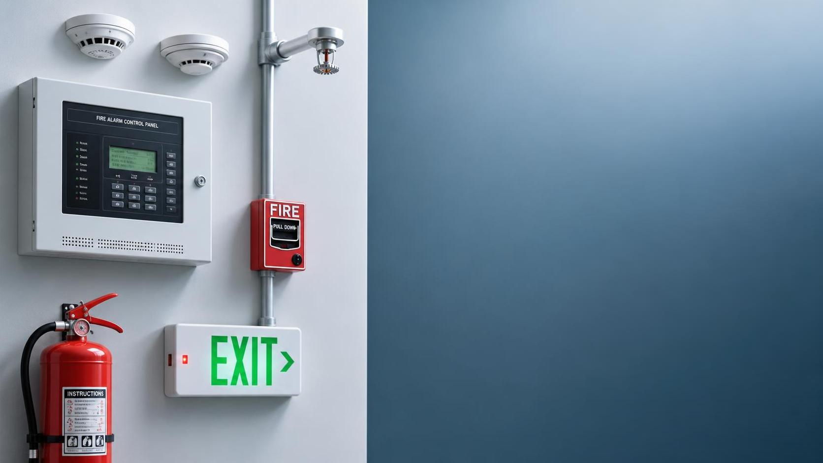 What should a fire safety system include for a small commercial building