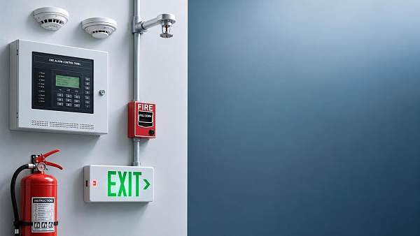 What should a fire safety system include for a small commercial building