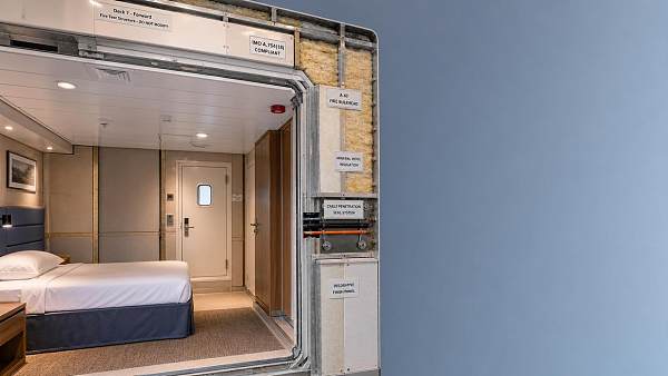 How is cruise interior fireproofing tested in real cabins?