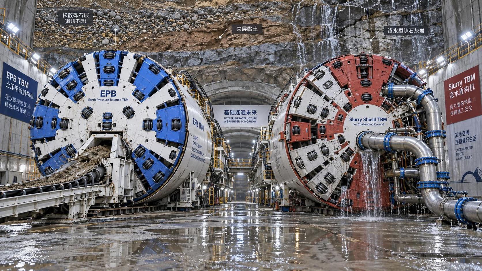 What are the operational differences between EPB and slurry shield TBMs in high-water-pressure, mixed-face ground conditions?