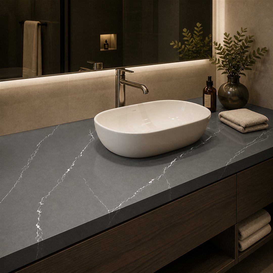 Dark grey quartz bathroom wall panel with a white vessel sink