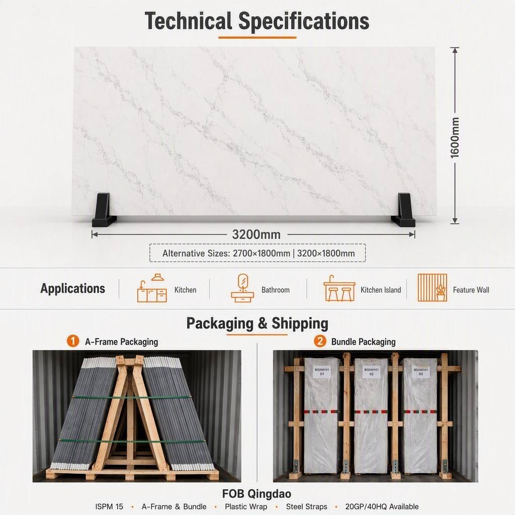 Quartz slab size chart showing a 3200x1600mm slab and export packaging
