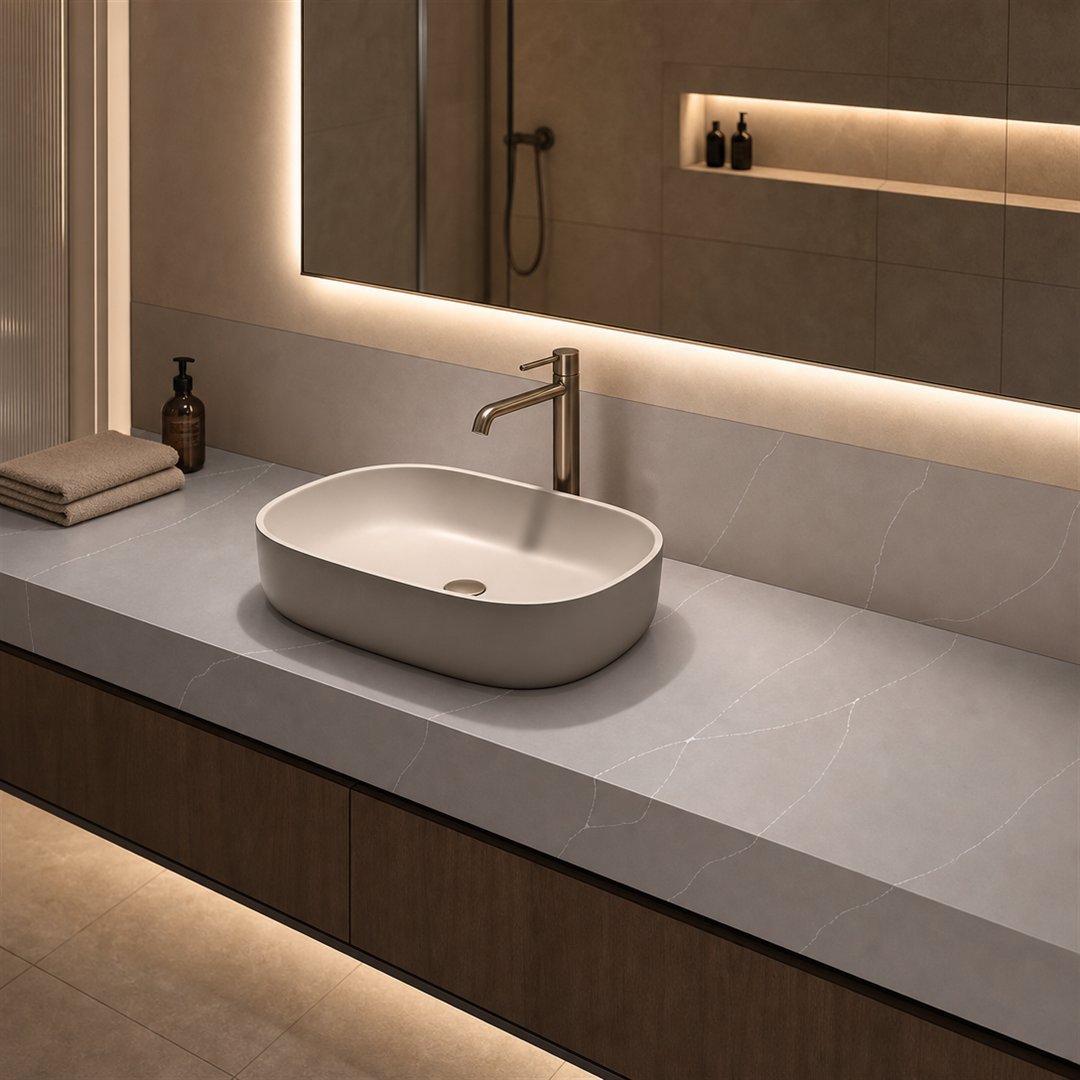 Light grey quartz wall panels installed full height in a bathroom