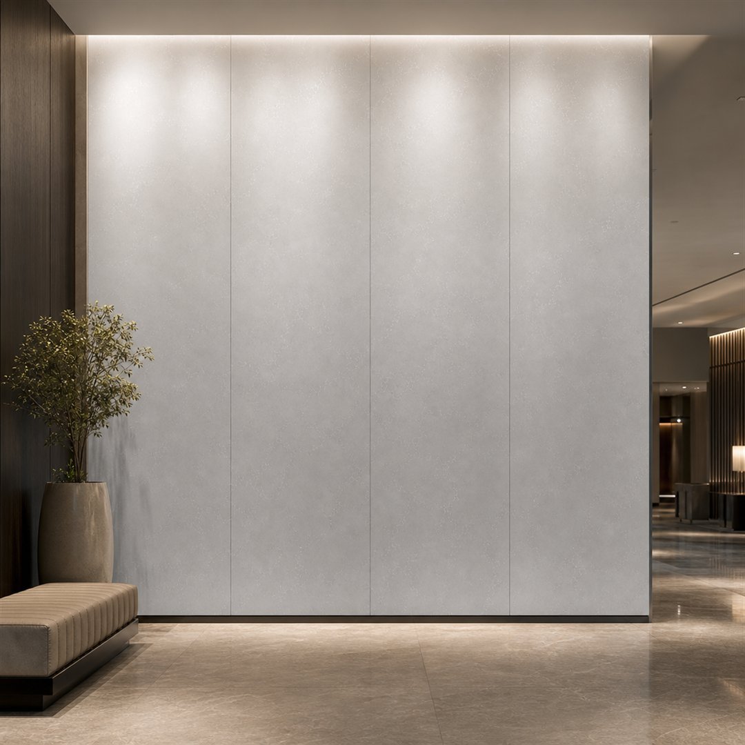 Large-format quartz wall panels installed as a commercial feature wall