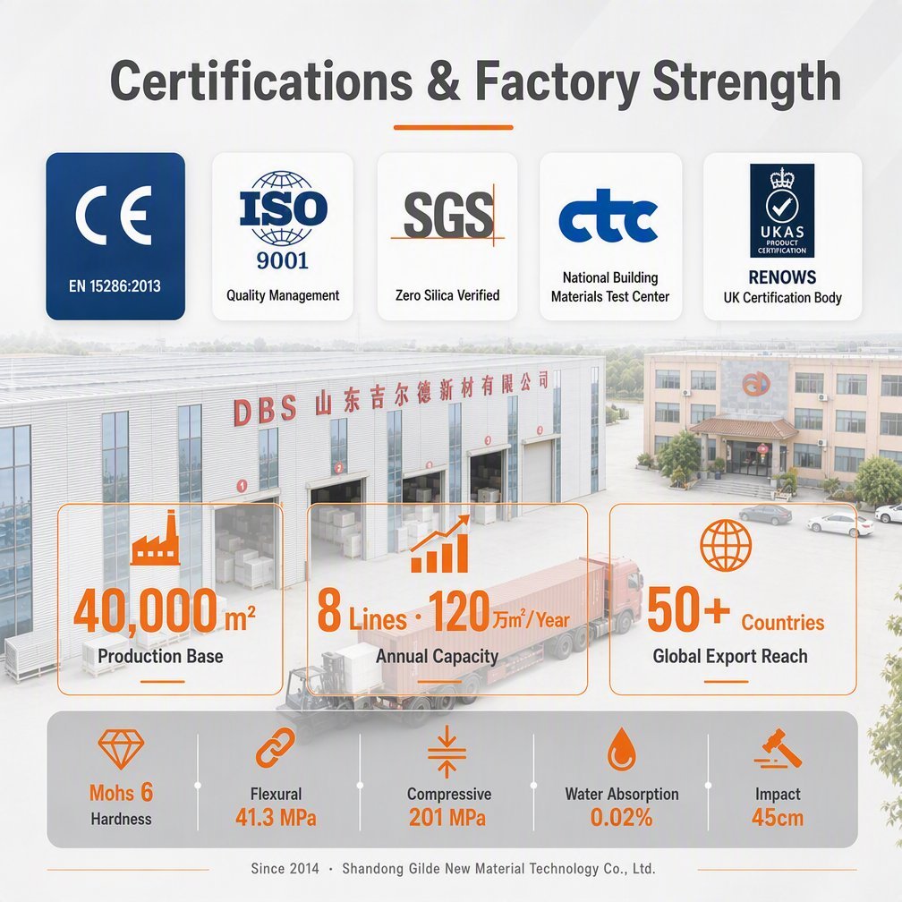Quartz slab factory showing ISO9001 and SGS certifications and production capacity