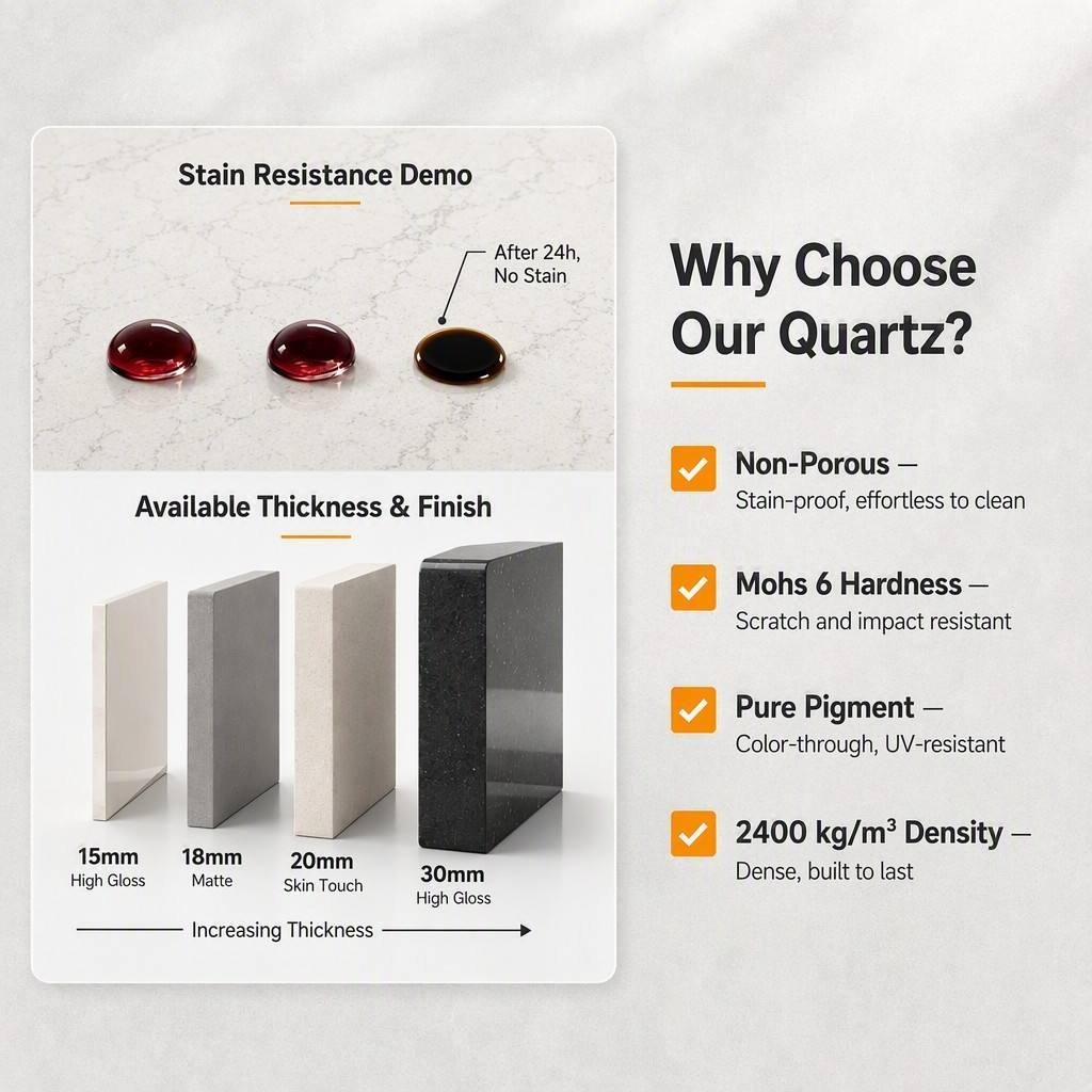 Engineered quartz material properties including Mohs 6 hardness and water absorption