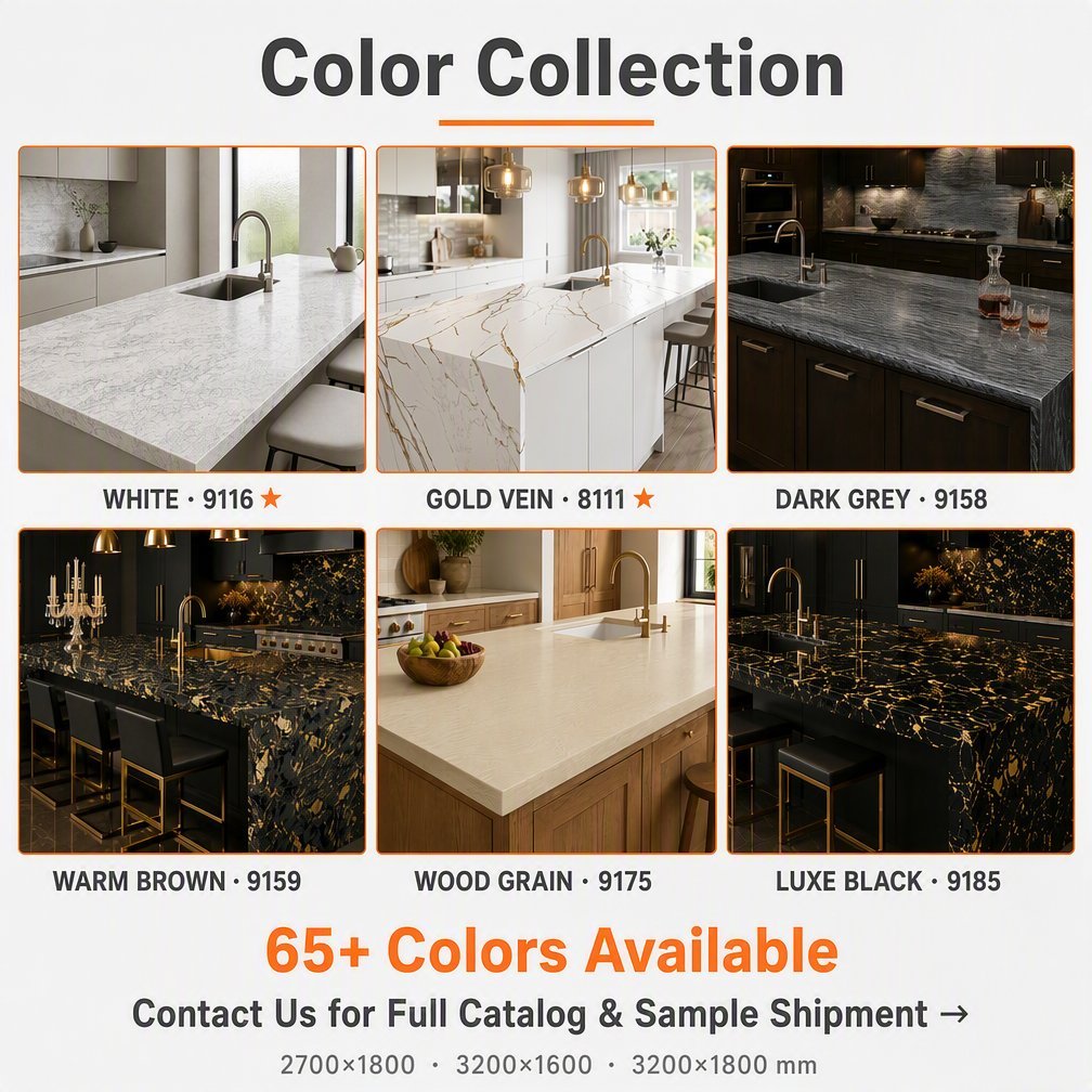 Colour collection of engineered quartz slabs in kitchen and bathroom applications