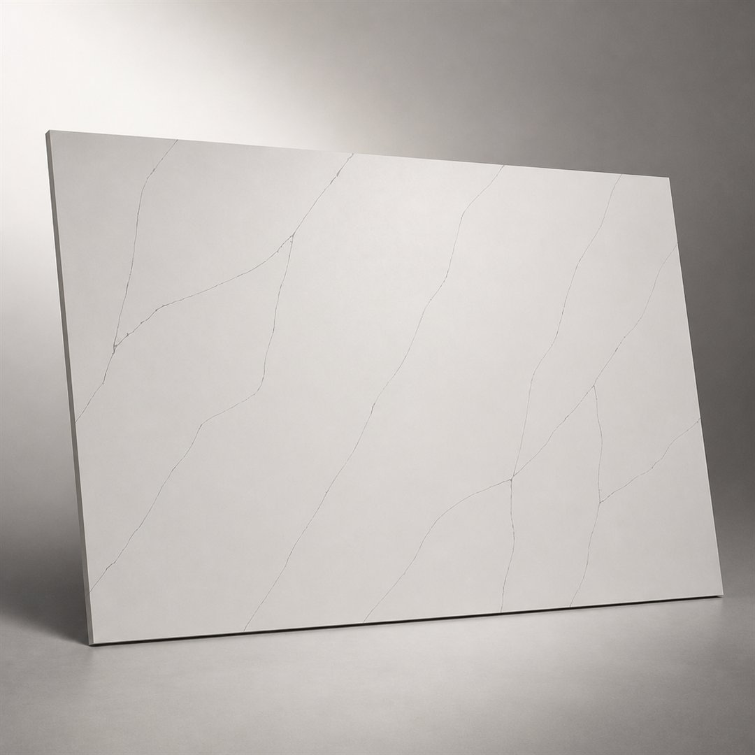 Large pure white engineered quartz slab with fine linear veins