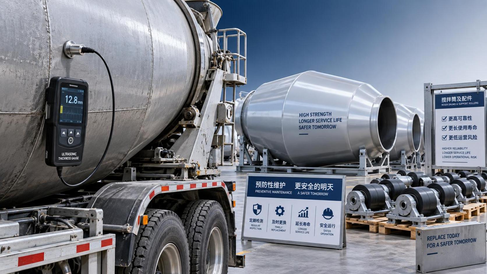 When should a truck concrete mixer drum be replaced for safety?