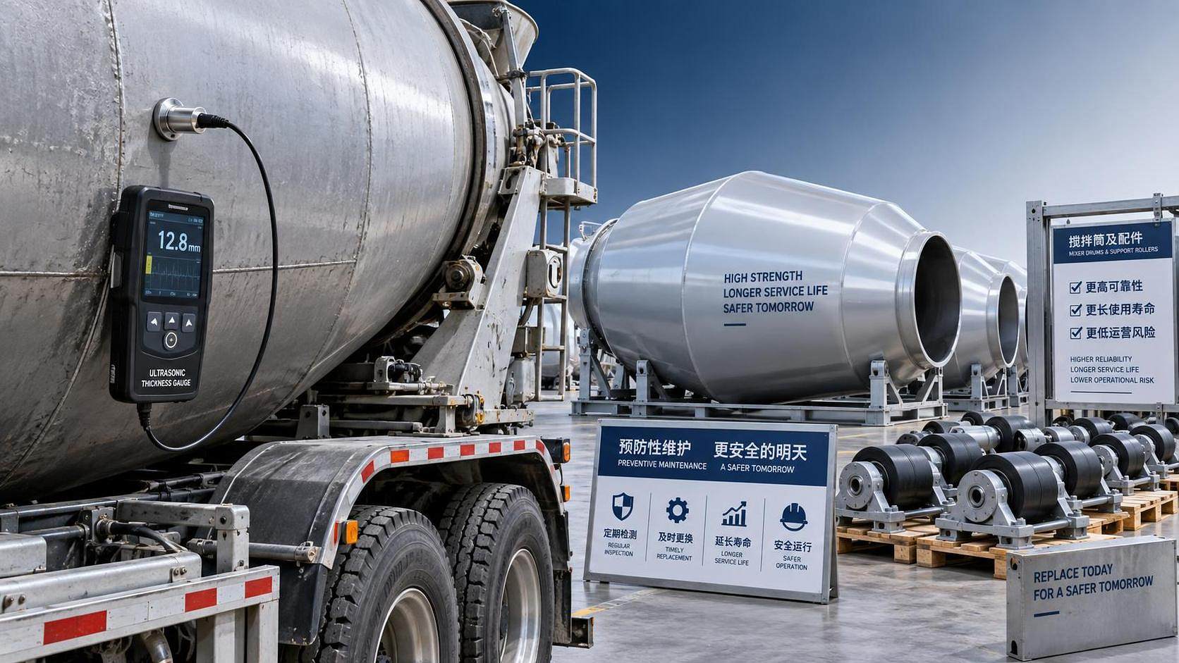 When should a truck concrete mixer drum be replaced for safety?