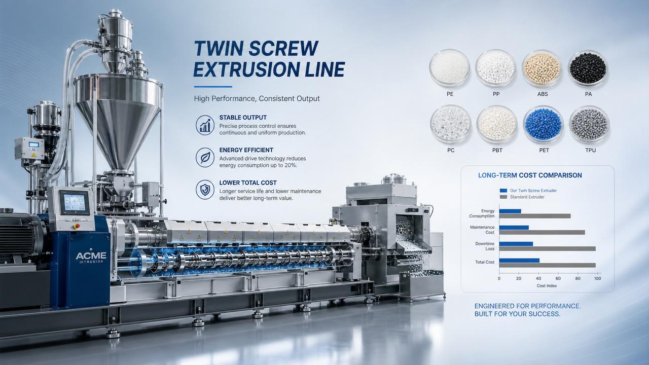 Twin screw extruders compared by output stability and cost